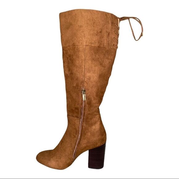 Kenneth Cole Reaction Tobacco Brown Corie Lace Fabric Knee High Boots 8.5M New - Picture 3 of 8